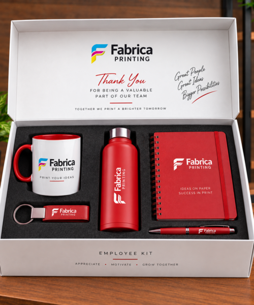 Custom souvenirs and corporate gifts by Fabrica Printing featuring personalized mugs, bottles, pens, keychains, notebooks, gift boxes and employee kits with custom logo printing and branding.