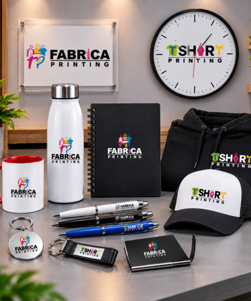 Custom souvenirs and corporate gifts by Fabrica Printing featuring personalized mugs, bottles, pens, keychains, notebooks, gift boxes and employee kits with custom logo printing and branding.