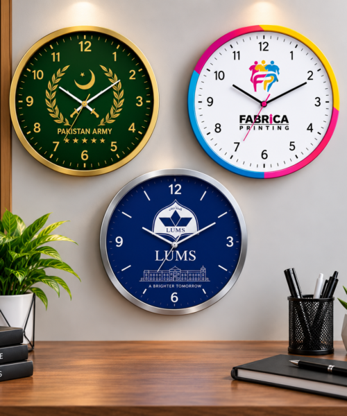 Custom design wall clock manufacturing and printing by Fabrica Printing with personalized company logos, branding and custom clock designs for offices, businesses, gifts and promotions.