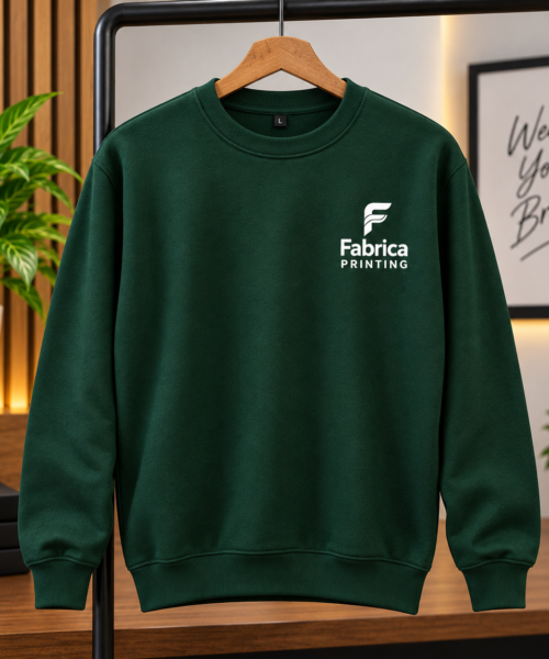 Custom sweatshirt printing by Fabrica Printing featuring premium crewneck sweatshirts with personalized company logos for corporate, promotional and team wear.