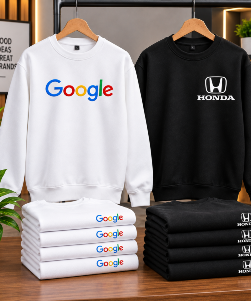 Custom sweatshirt printing by Fabrica Printing featuring premium crewneck sweatshirts with personalized company logos for corporate, promotional and team wear.