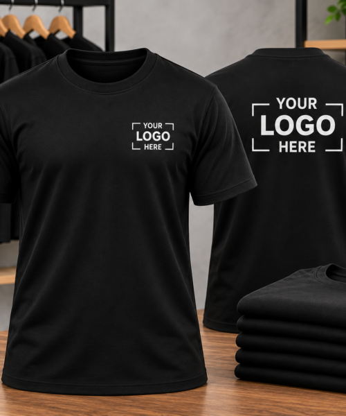 Custom T-shirt printing by Fabrica Printing featuring premium round-neck T-shirts with personalized logos and branding for businesses, teams, events and promotional use.