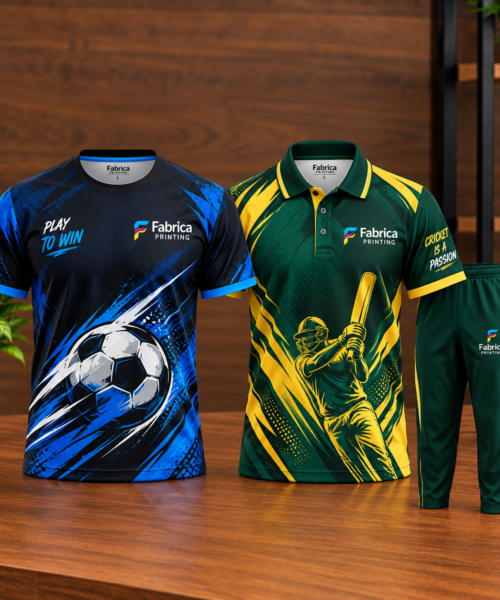 Custom sports shirts and sports Kits & Sports uniform printing by Fabrica Printing featuring fully customized sublimation jerseys for cricket, football and team sports with personalized logos, colors, player names and numbers.