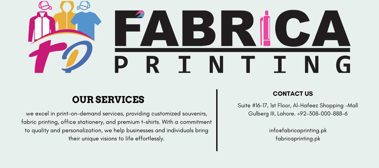 Home for fabrica printing t-shrit printing lahore, About US Fabrica Printing T-shirt Printing Lahore