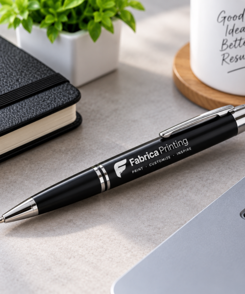 Custom printed and engraved pens by Fabrica Printing featuring professional logo branding for corporate gifts, office use, events and promotional giveaways.