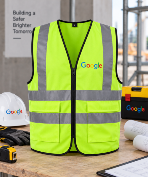 Custom safety vests printing by Fabrica Printing featuring high-visibility reflective vests with personalized company logos and professional branding.