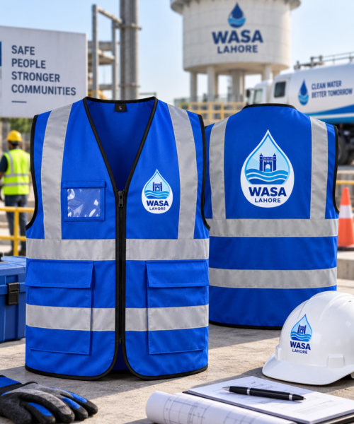 Custom safety vests printing by Fabrica Printing featuring high-visibility reflective vests with personalized company logos and professional branding.