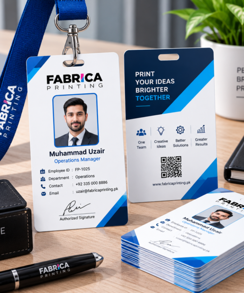 Custom PVC cards and employee ID cards by Fabrica Printing featuring personalized company branding, employee photos, names, designations, QR codes and professional card printing.
