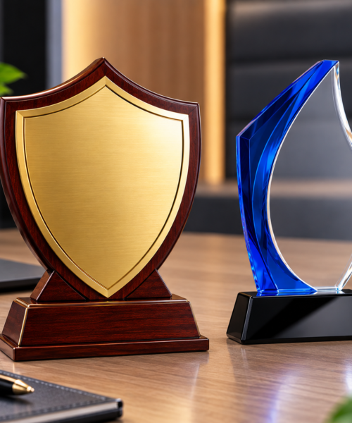 Custom shields and awards by Fabrica Printing featuring premium wooden shields, crystal awards, acrylic trophies and personalized recognition awards for corporate, academic and sports events.