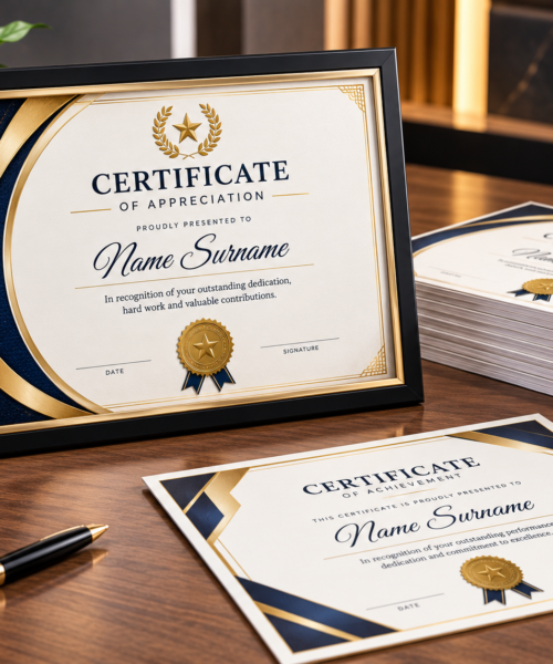 Custom certificate printing by Fabrica Printing featuring professionally designed achievement, appreciation, award and recognition certificates with premium-quality printing.
