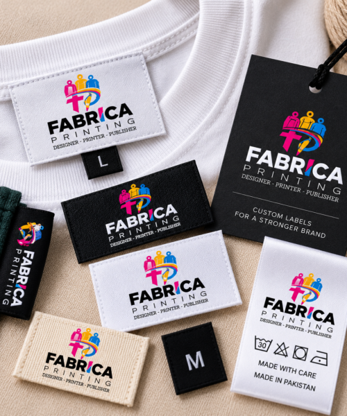 Custom fabric labels and clothing tags by Fabrica Printing featuring woven labels, printed labels, satin tags, size labels, care labels and branded hang tags for apparel.