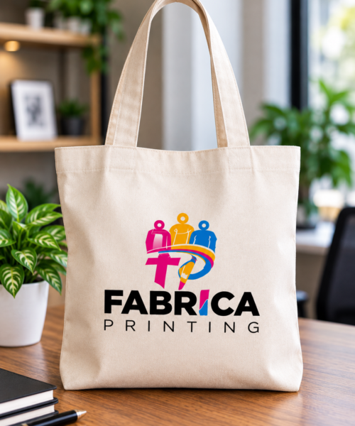 Custom printed tote bags by Fabrica Printing featuring personalized logo branding, durable reusable fabric and professional printing for businesses, events and promotions.