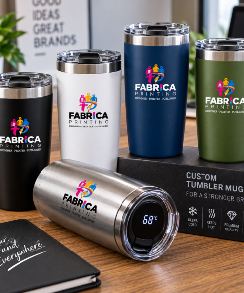 Custom tumbler mug by Fabrica Printing featuring a stainless-steel insulated design, secure lid and personalized logo printing for corporate gifts and promotions.
