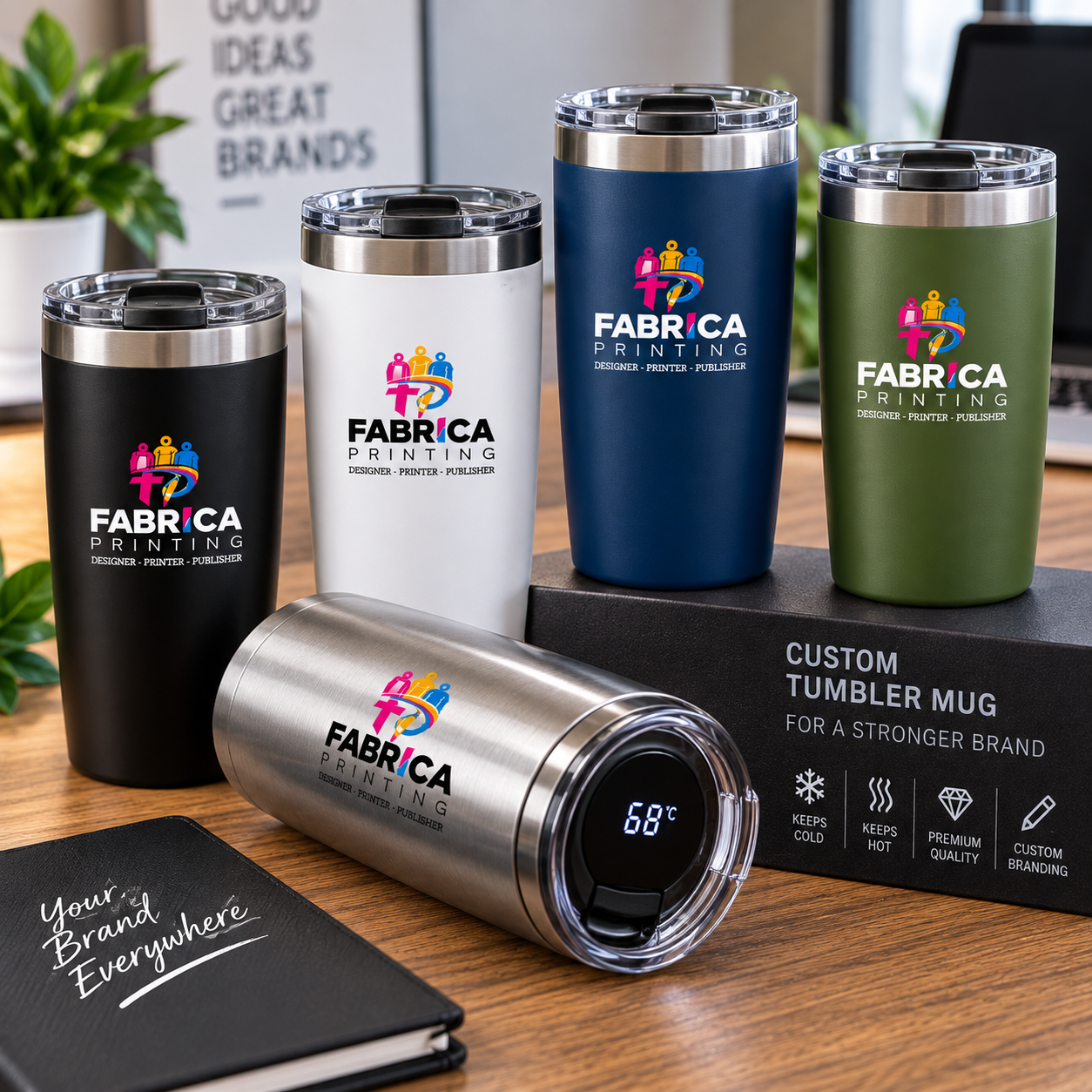 Custom tumbler mug by Fabrica Printing featuring a stainless-steel insulated design, secure lid and personalized logo printing for corporate gifts and promotions.