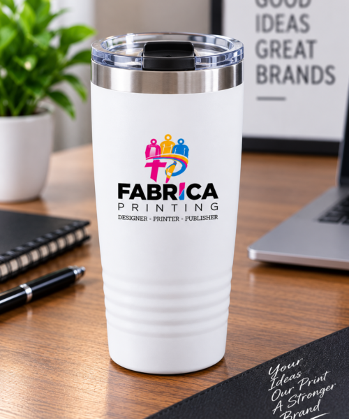 Custom tumbler mug by Fabrica Printing featuring a stainless-steel insulated design, secure lid and personalized logo printing for corporate gifts and promotions.
