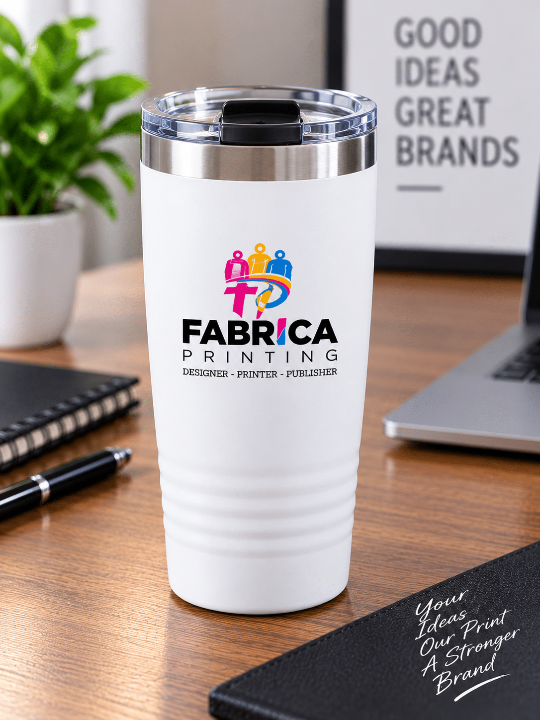 Custom tumbler mug by Fabrica Printing featuring a stainless-steel insulated design, secure lid and personalized logo printing for corporate gifts and promotions.