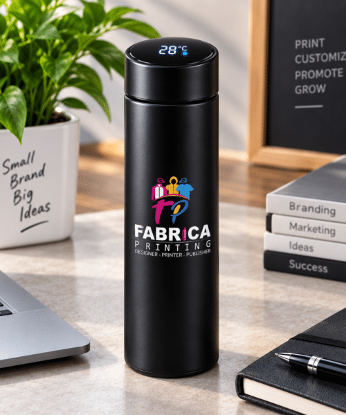 Custom temperature water bottle by Fabrica Printing featuring a digital temperature display, insulated stainless-steel body and personalized logo printing for corporate gifts and promotions.