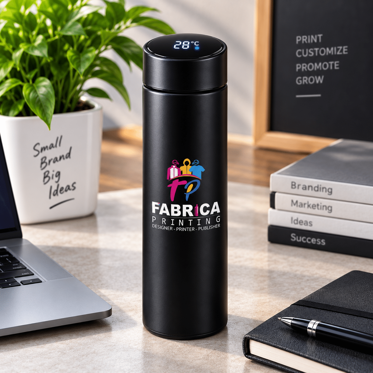 Custom temperature water bottle by Fabrica Printing featuring a digital temperature display, insulated stainless-steel body and personalized logo printing for corporate gifts and promotions.