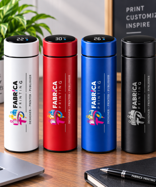 Custom temperature water bottle by Fabrica Printing featuring a digital temperature display, insulated stainless-steel body and personalized logo printing for corporate gifts and promotions.