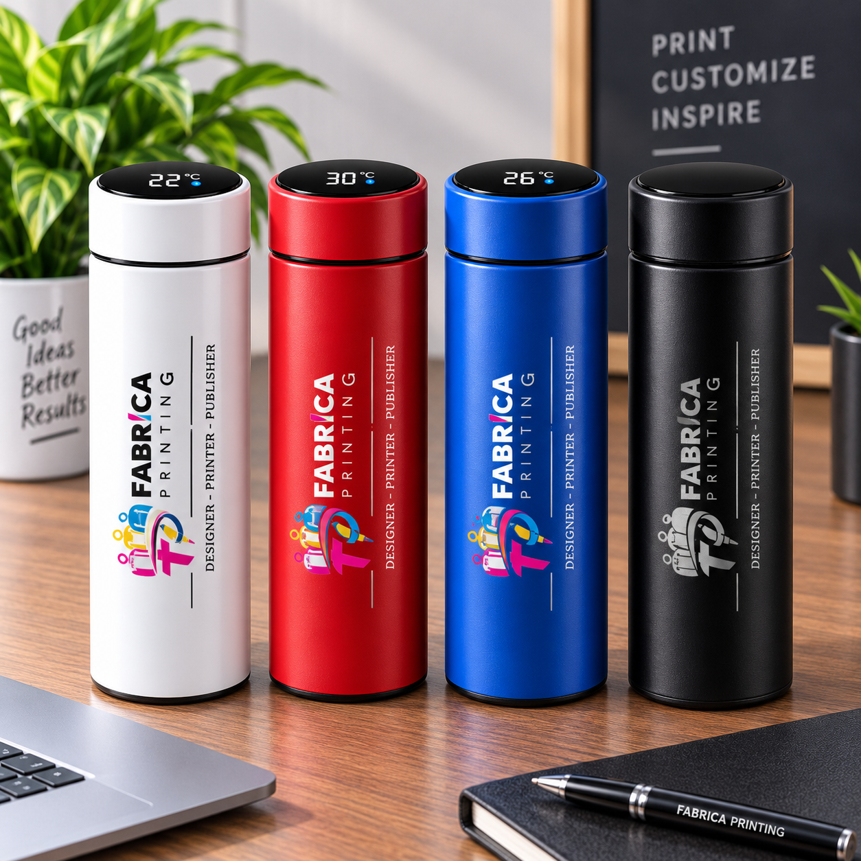 Custom temperature water bottle by Fabrica Printing featuring a digital temperature display, insulated stainless-steel body and personalized logo printing for corporate gifts and promotions.