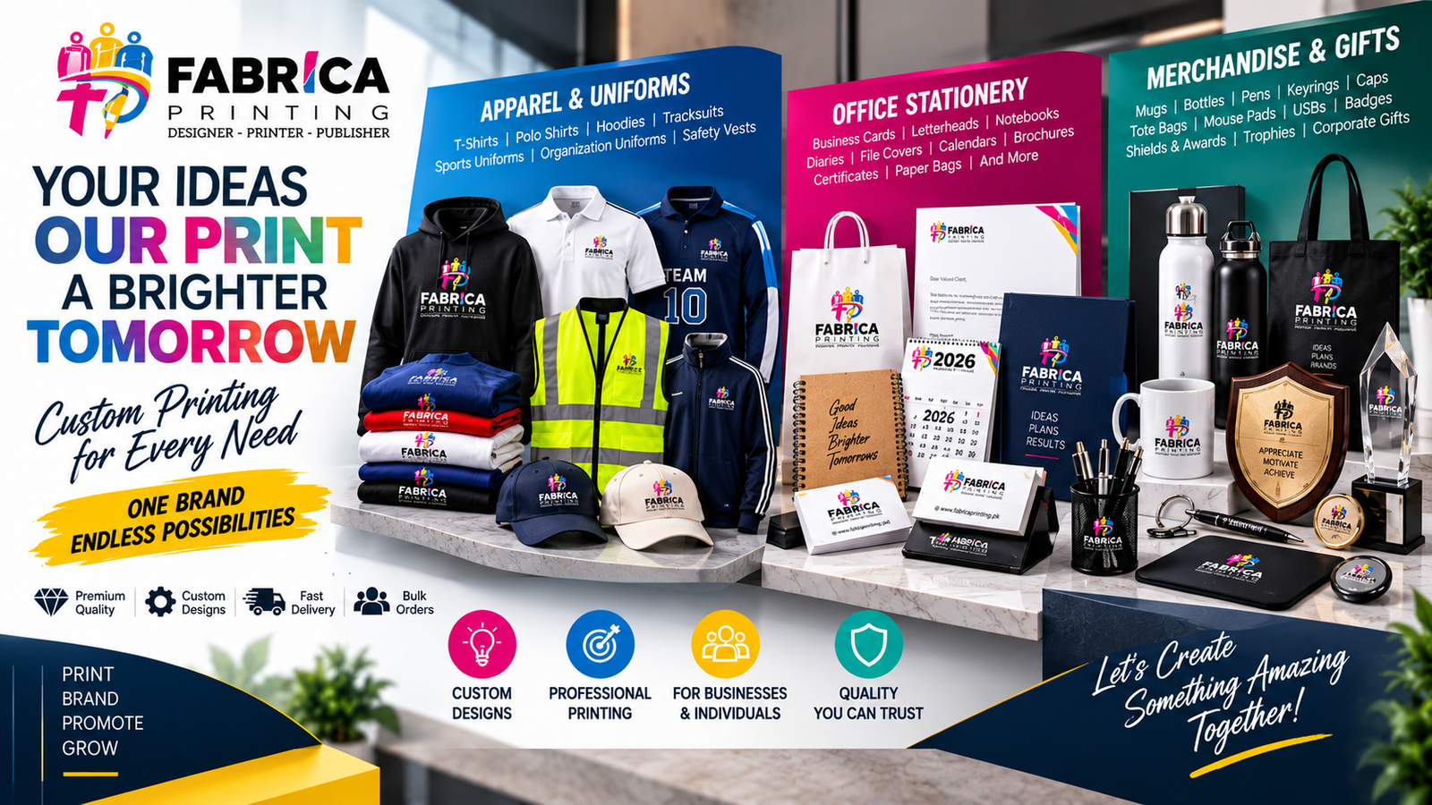 Fabrica Printing custom printing services featuring T-shirts, polo shirts, hoodies, sports uniforms, caps, office stationery, mugs, bottles, corporate gifts, awards and promotional merchandise.