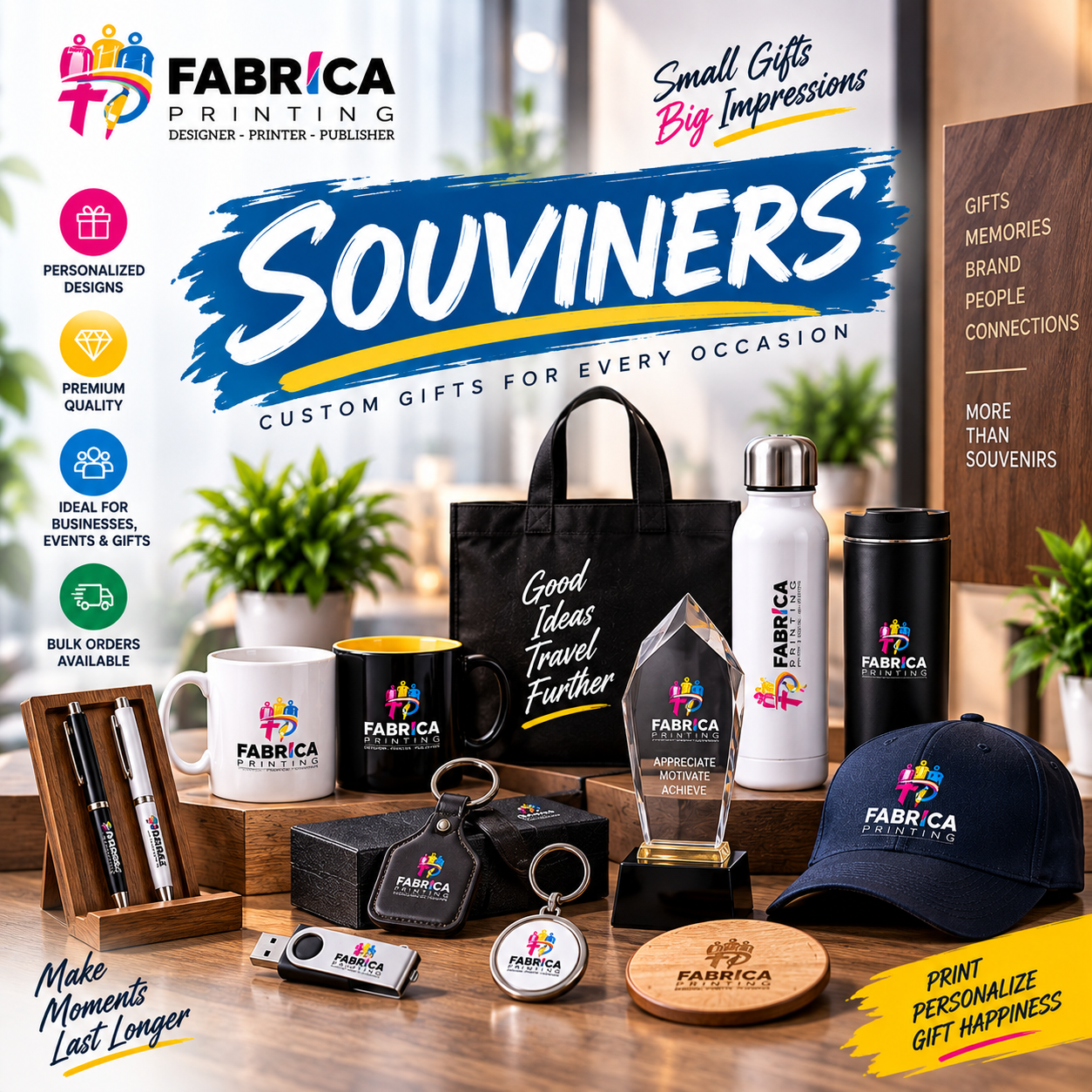 Custom souvenirs by Fabrica Printing featuring personalized mugs, bottles, pens, keychains, USB drives, caps, tote bags, trophies and corporate gifts.