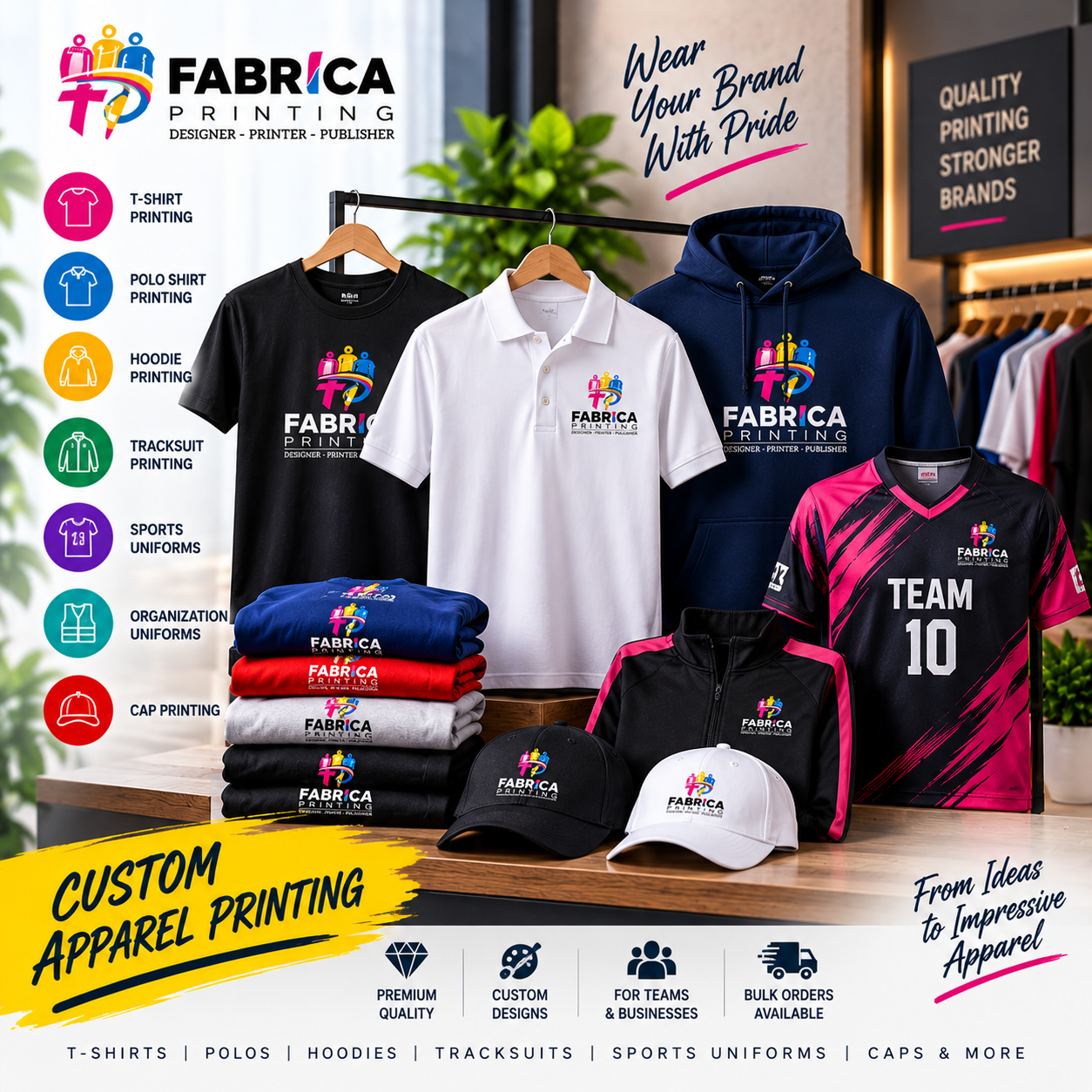 Custom apparel printing by Fabrica Printing featuring T-shirts, polo shirts, hoodies, tracksuits, sports uniforms, organization uniforms and printed caps.