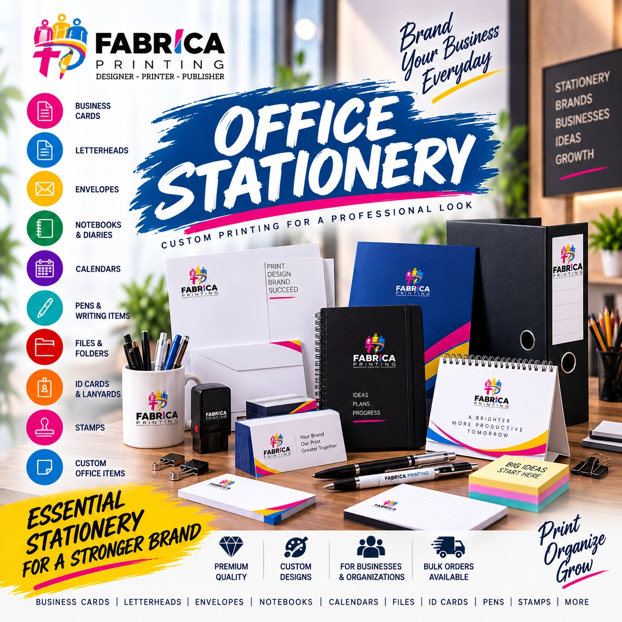 Custom office stationery printing by Fabrica Printing featuring business cards, letterheads, envelopes, notebooks, diaries, calendars, pens, files, folders, ID cards and branded office supplies.