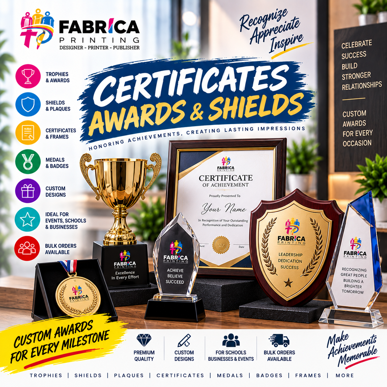 Custom certificates, awards and shields by Fabrica Printing featuring trophies, plaques, medals, badges, crystal awards and achievement certificates.