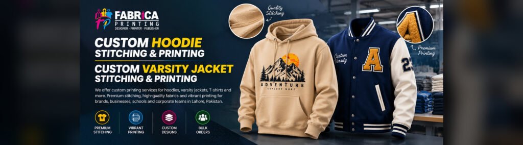 Custom Hoodies Printing and Custom varsity jacket stitching and printing company in lahore Pakistan